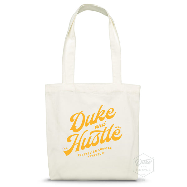 Premium cotton tote bag, Natural Colour, with typographic design reading "Duke and Hustle"