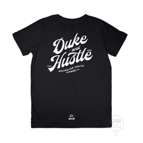 Black Youth Tee, 100% Cotton, with typographic design reading "Duke and Hustle"