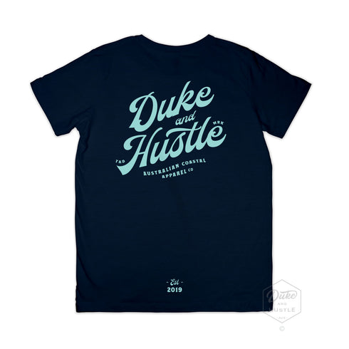 Navy Youth Tee, 100% Cotton, with typographic design reading "Duke and Hustle"