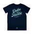 Navy Youth Tee, 100% Cotton, with typographic design reading "Duke and Hustle"