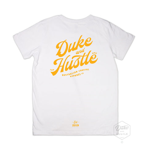 White Youth Tee, 100% Cotton, with typographic design reading "Duke and Hustle"