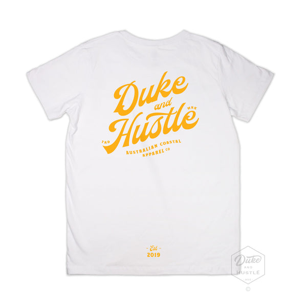White Youth Tee, 100% Cotton, with typographic design reading "Duke and Hustle"