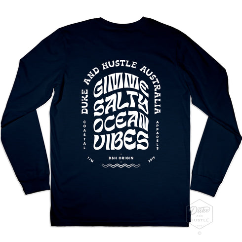 Unisex Long Sleeve T Shirt, Gimme Salty Ocean Vibes, Navy, Back