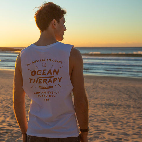 The Deep See, Men’s Graphic Muscle Tank, modelled by Joey, White, Back