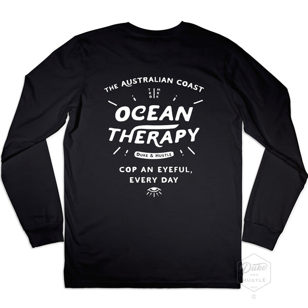 Ocean Therapy Graphic on Black Long Sleeve Tee, Back, Flat lay