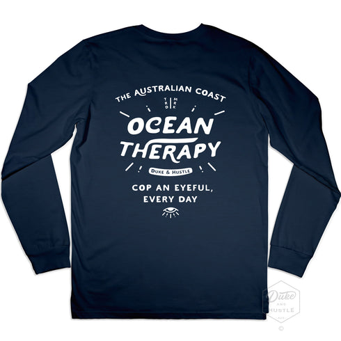 Ocean Therapy Graphic on Navy Long Sleeve Tee, Back, Flat lay