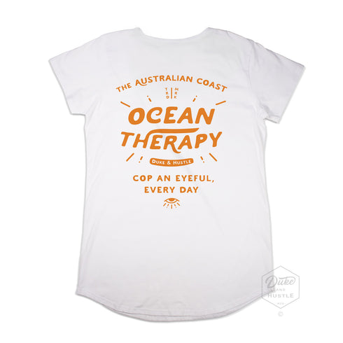 The Deep See, Women’s Graphic Long Curve T Shirt, Flat Lay, White, Back