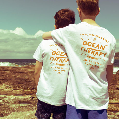 Youth size Graphic T Shirt, Australian Cotton, White, Back, modelled by two brothers