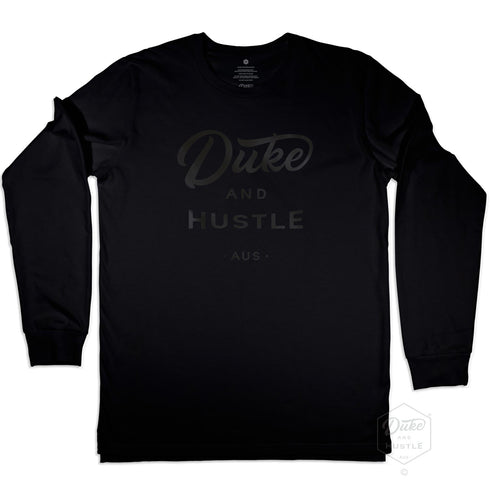 Unisex Long Sleeve Tee from the Double Black sereies, black vinyl logo on black cotton, front