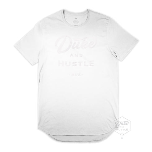 The Flat White D&H Long Curved Hem Men's Tee, white vinyl logo on white cotton, front