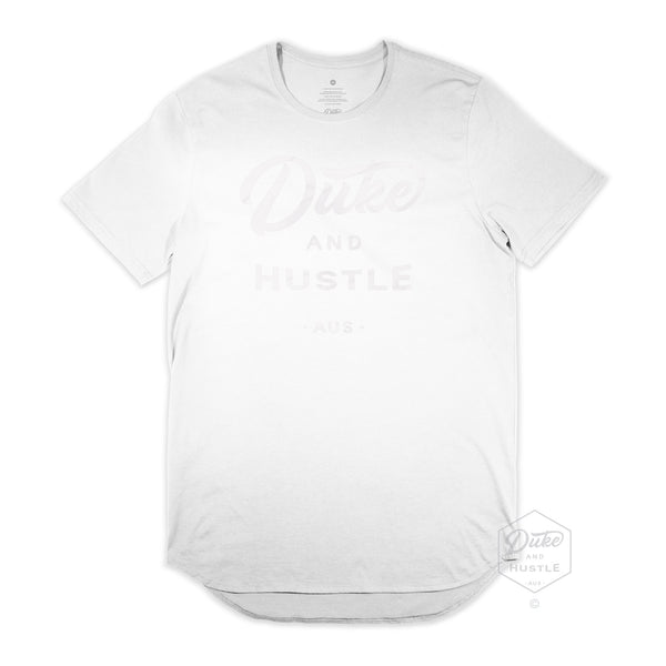 The Flat White D&H Long Curved Hem Men's Tee, white vinyl logo on white cotton, front