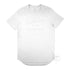 The Flat White D&H Long Curved Hem Men's Tee, white vinyl logo on white cotton, front