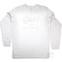 The Flat White, white vinyl D&H logo on a white 100% cotton long sleeve unisex fit tee, front