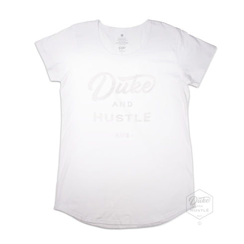 The Flat White in a women's long curve t shirt, white vinyl D&H logo, chest size, on white cotton