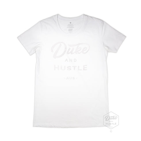 The Flat Whit, white vinyl D&H logo on white cotton, front