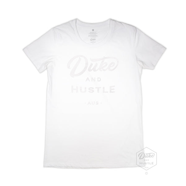 The Flat Whit, white vinyl D&H logo on white cotton, front