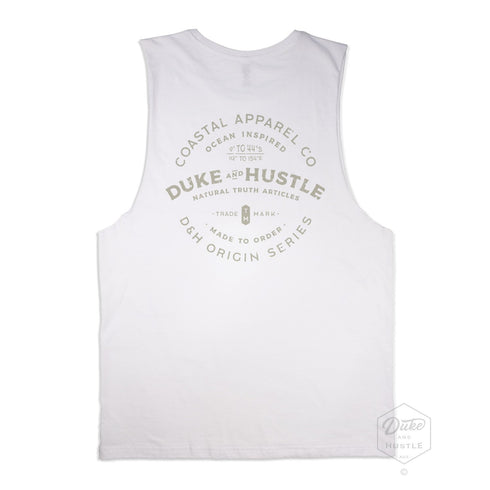 Men’s Graphic Typography Print Muscle Tank on Australian Cotton, White, Back
