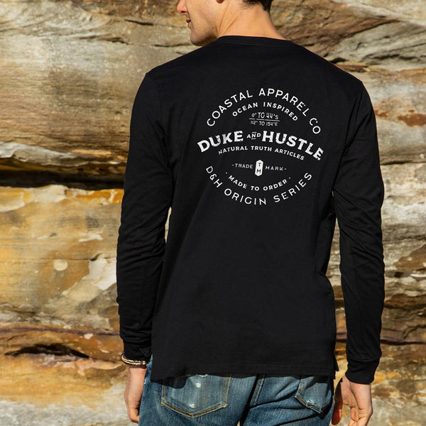 Graphic Typography Print on Unisex Long Sleeve Cuffed Tee, Men’s Model, White, Back