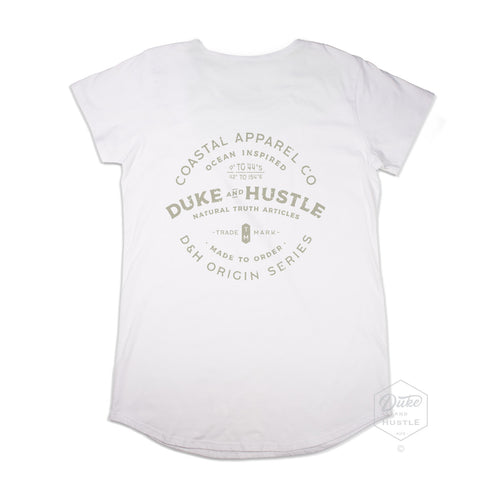 Women’s Graphic Typography Print Long Curve T-shirt on Australian Cotton, White, Back