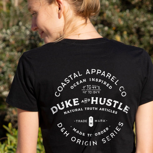 Women’s Graphic Print Slim Fit Tshirt on Australian Cotton, Black, Back Close Up