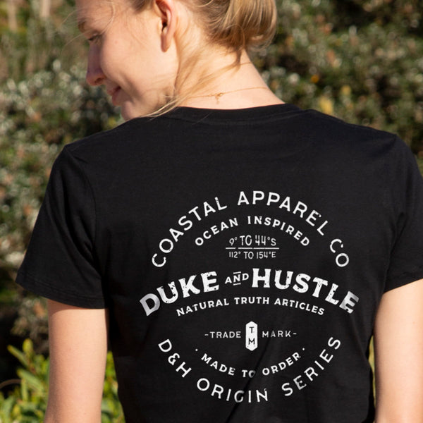 Women’s Graphic Print Slim Fit Tshirt on Australian Cotton, Black, Back Close Up