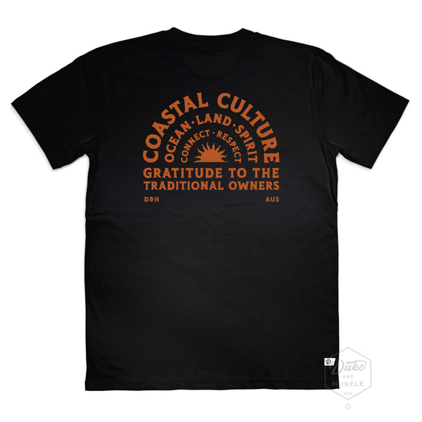 Coastal Culture Graphic Tee, burnt amber coloured print on Black Classic Fit Cotton T Shirt, back