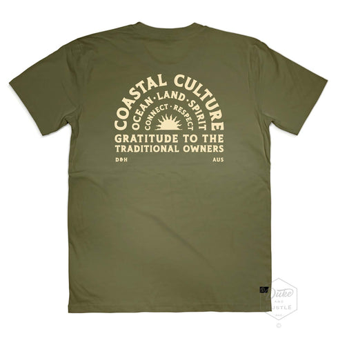 Coastal Culture Graphic Tee, eggshell coloured print on Khaki Classic Fit Cotton T Shirt, back