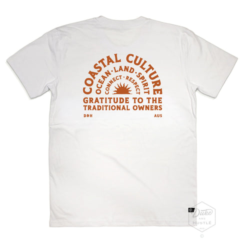 Coastal Culture Graphic Tee, burnt amber coloured print on White Classic Fit Cotton T Shirt, back