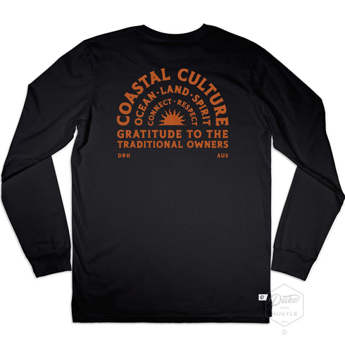 Coastal Culture Graphic Tee, burnt amber coloured print on Black Long Sleeve Cotton T Shirt, back