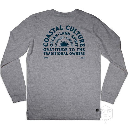 Coastal Culture Graphic Tee, indigo coloured print on Grey Marle Long Sleeve Cotton T Shirt, back