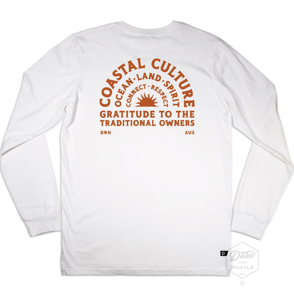 Coastal Culture Graphic Tee, burnt amber coloured print on White Long Sleeve Cotton T Shirt, back