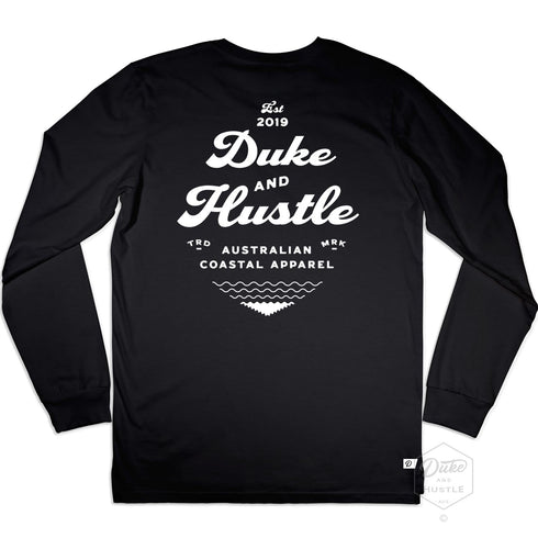 Black Cotton Long Sleeve Tee, back, with our design "The Type Rider" in white