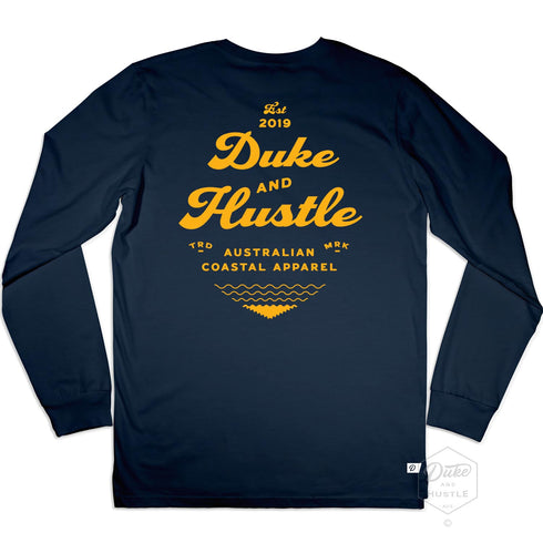 Navy Cotton Long Sleeve Tee, back, with our design "The Type Rider" in yellow