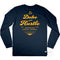 Navy Cotton Long Sleeve Tee, back, with our design "The Type Rider" in yellow
