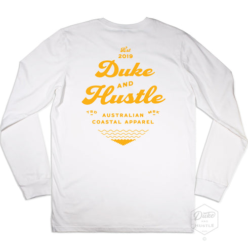 White Cotton Tee, back, with our design "The Type Rider" in dark yellow