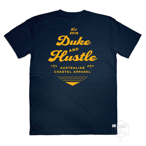 Navy Cotton Tee, back, with our design "The Type Rider" in yellow