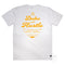 White Cotton Tee, back, with our design "The Type Rider" in yellow