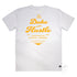 White Cotton Tee, back, with our design "The Type Rider" in yellow