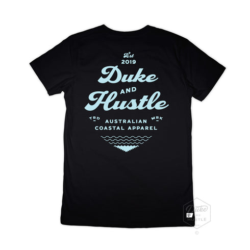 Black Cotton Women's Tee, back, with our design "The Type Rider" in light blue