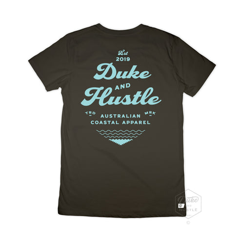 Coal Cotton Women's Tee, back, with our design "The Type Rider" in seafoam green