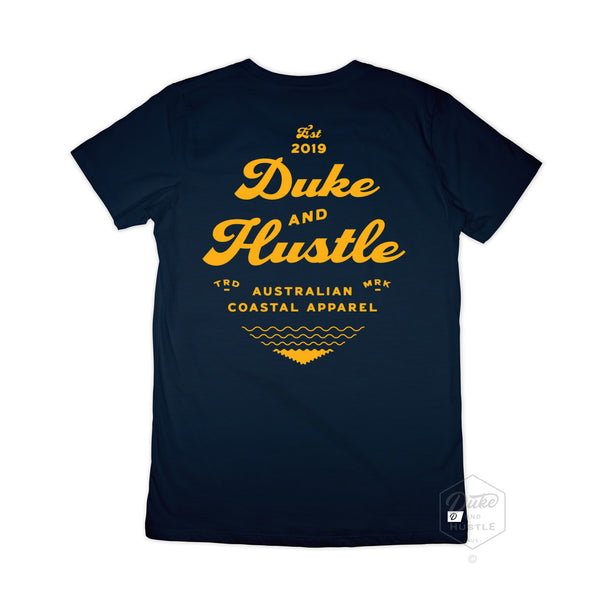 Navy Cotton Women's Tee, back, with our design "The Type Rider" in yellow