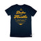 Navy Cotton Women's Tee, back, with our design "The Type Rider" in yellow