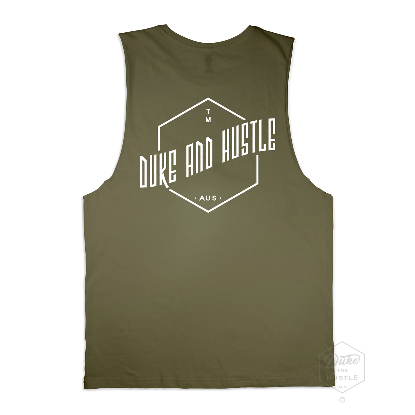 The Vertical Uplift, graphic print, khaki cotton muscle tank, back