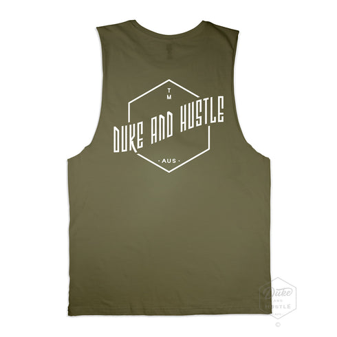 The Vertical Uplift, graphic print, khaki cotton muscle tank, back