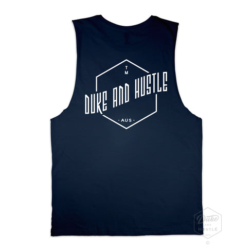 The Vertical Uplift, graphic print, navy cotton muscle tank, back