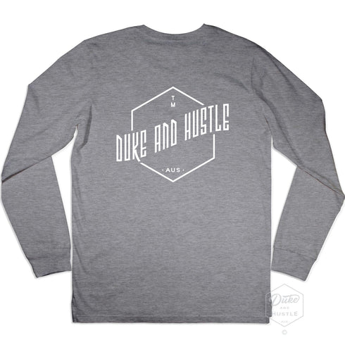 Graphic Print Long Sleeve Unisex Cuffed Tee on Australian Cotton, Grey Marle, Back