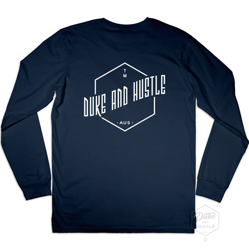 Graphic Print Long Sleeve Unisex Cuffed Tee on Australian Cotton, Navy, Back