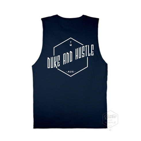 Women’s Graphic Typography Print Muscle Tank on Australian Cotton, Navy, Back